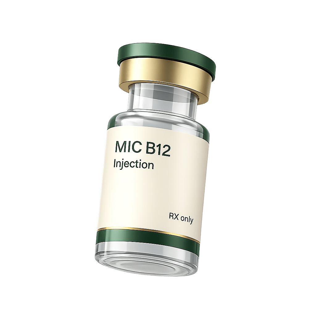 MIC B12 Injection vial with red solution, green cap, and pharmaceutical label on beige background