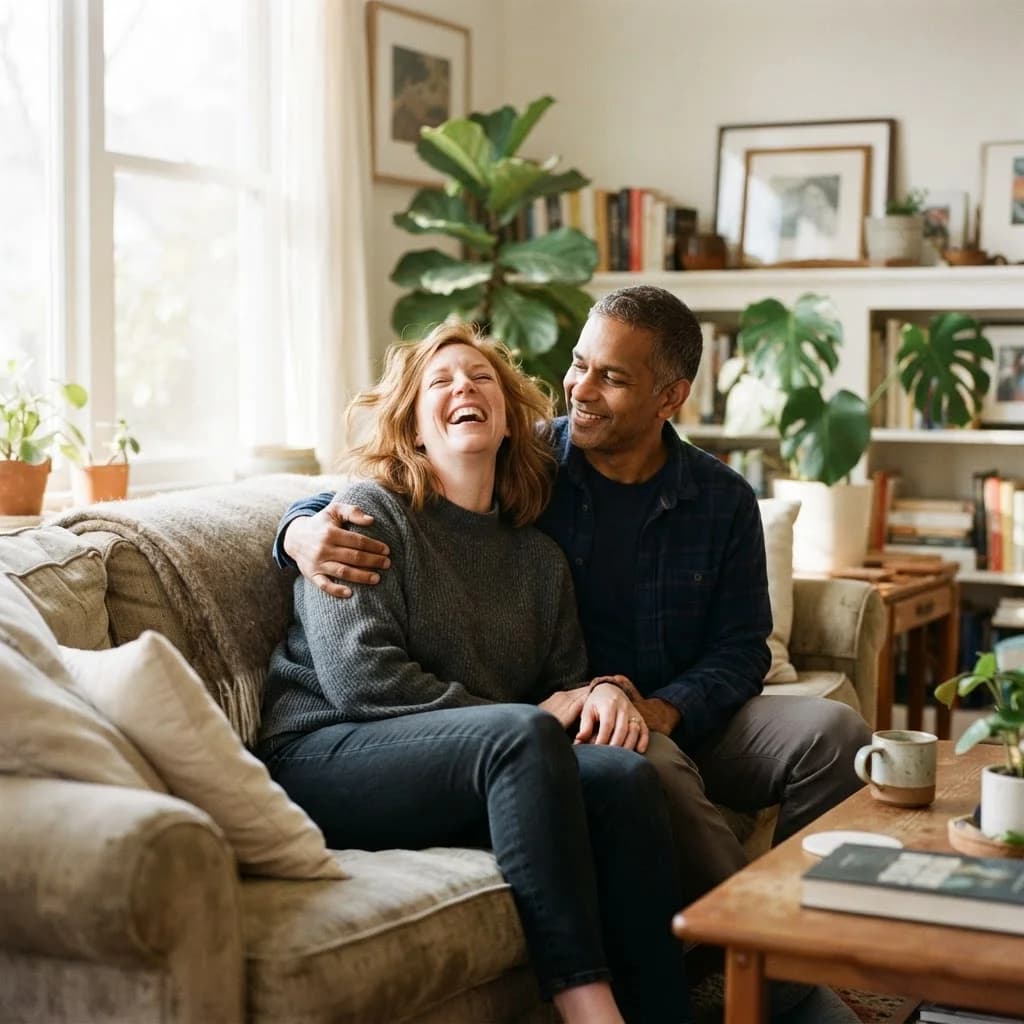 A couple sitting together on a sofa in a bright living room, relaxed and affectionate in natural afternoon light