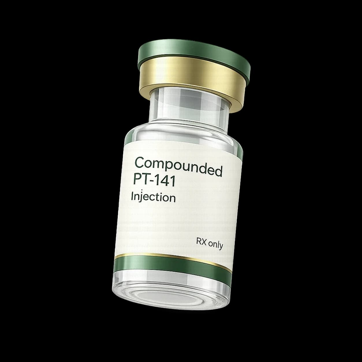 Compounded PT-141 injection vial with green cap and gold band on a transparent background