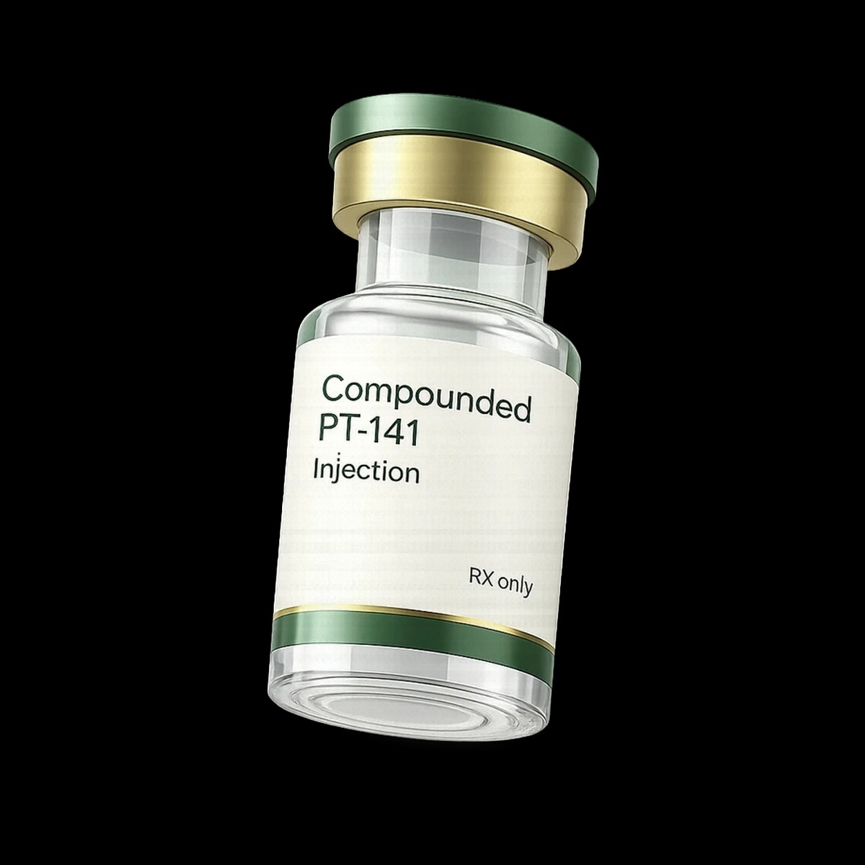 Compounded PT-141 injection vial with green cap and gold band on a transparent background
