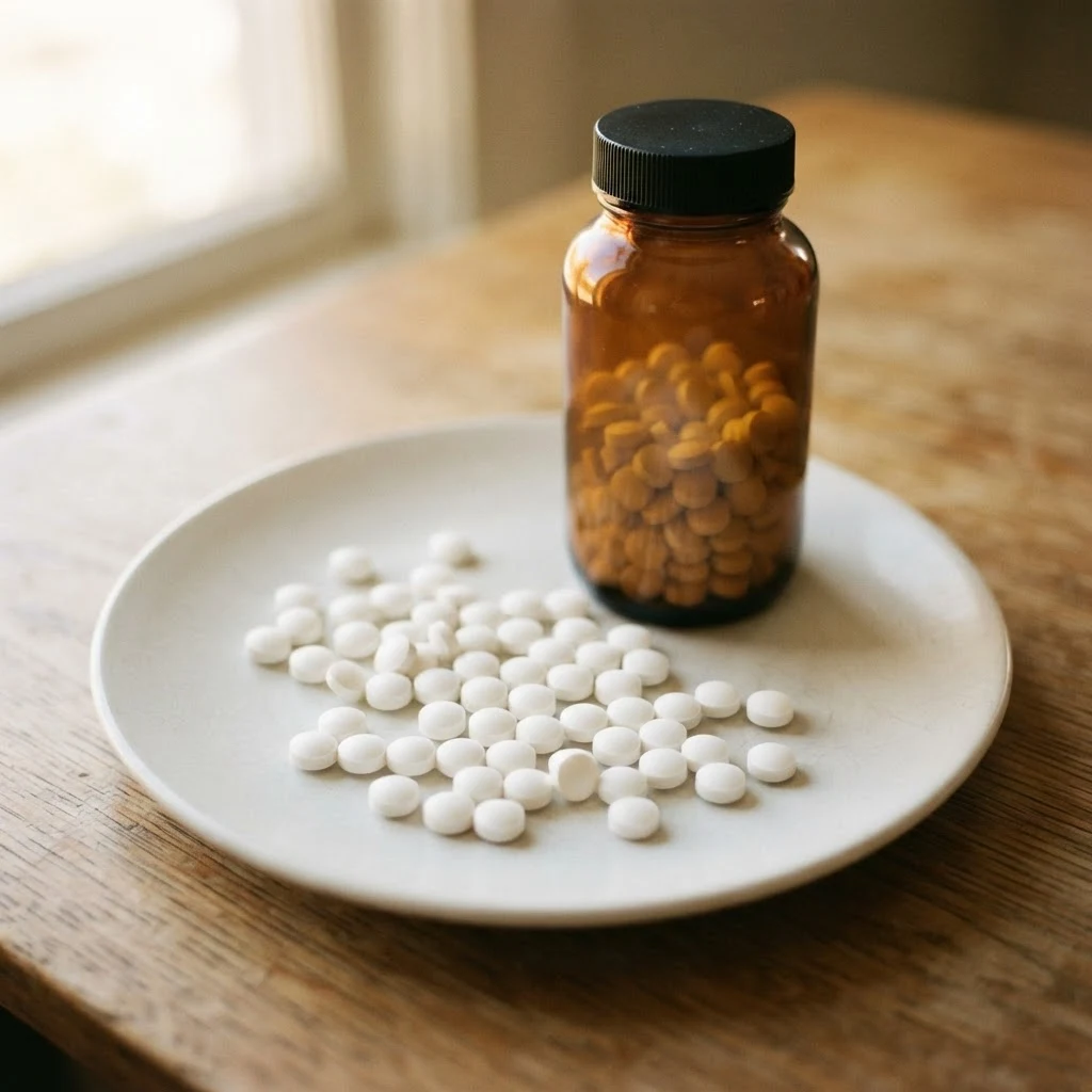 Small round tablets on a warm off-white surface with soft natural light