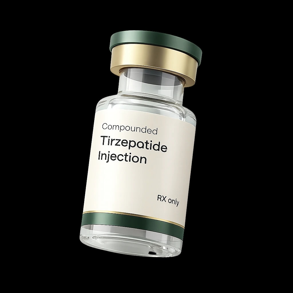 A single unbranded injection pen and glass vial on a warm off-white background